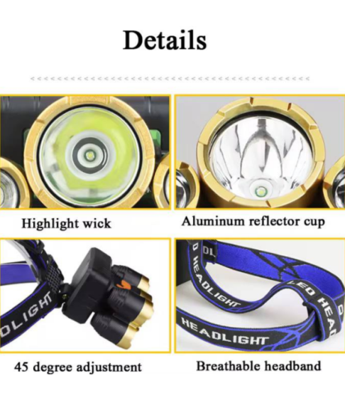 Фонарь налобный HEADLIGHT, аккум.,зар. USB,5светодиод,4 режима,регул.угла свеч(B19)