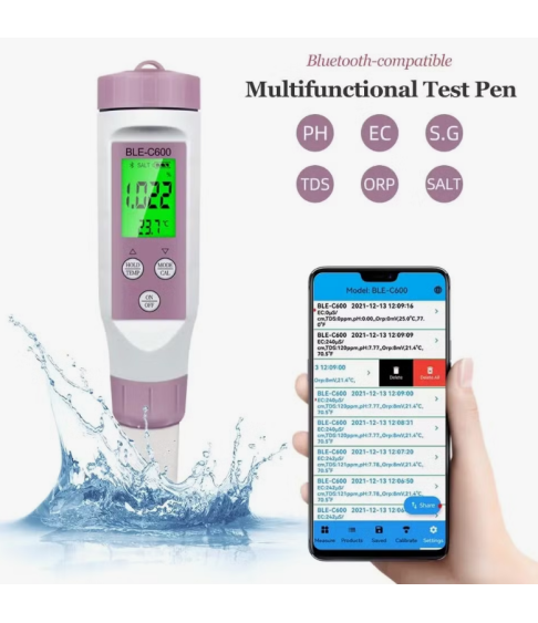 Тестер воды 7-в-1 BLE-C600 с Bluetooth (PH / ORP / EC / TDS / SALT / Temp / S.G)