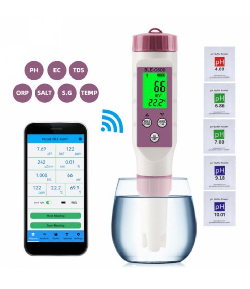 Тестер воды 7-в-1 BLE-C600 с Bluetooth (PH / ORP / EC / TDS / SALT / Temp / S.G)