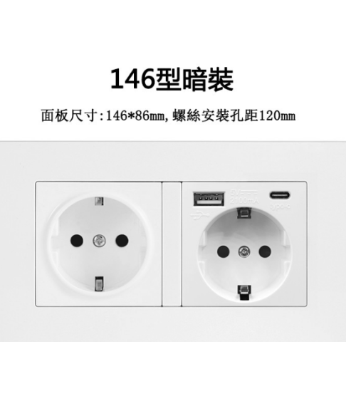 ﻿Двойная розетка 146 типа (встроенная) с USB и Type-C портами