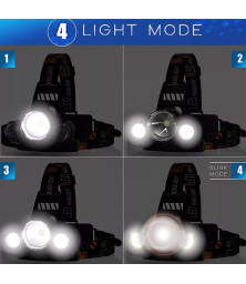 Налобный фонарь 3хТ6  светодиодный, водонепроницаемый, 4 режима .