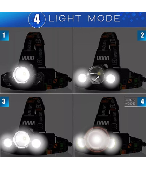 Налобный фонарь 3хТ6  светодиодный, водонепроницаемый, 4 режима .