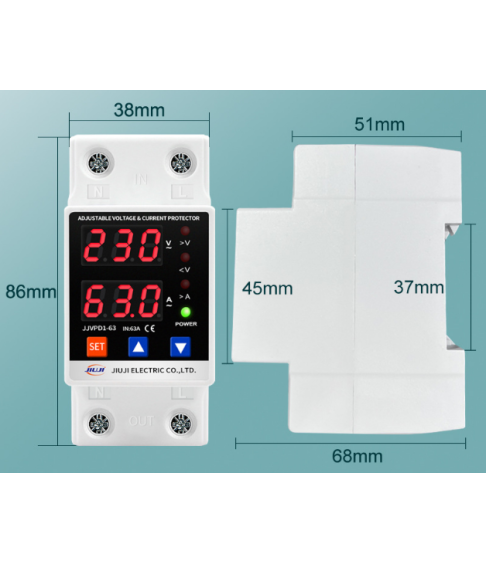 Реле контроля напряжения однофазное с защитой от перегрузки по току и перенапряжения 63 А / Защитное устройство в DIN рейку
